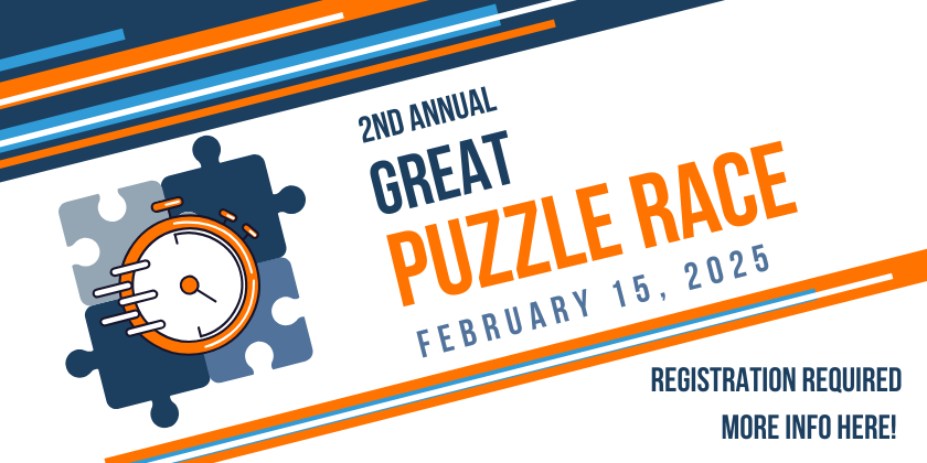 great puzzle race logo with picture of a puzzle and clock